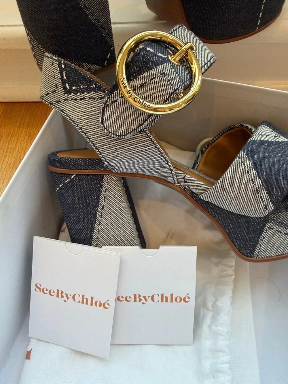 See by Chloe Platform Block Heel Sandals in Blue Denim